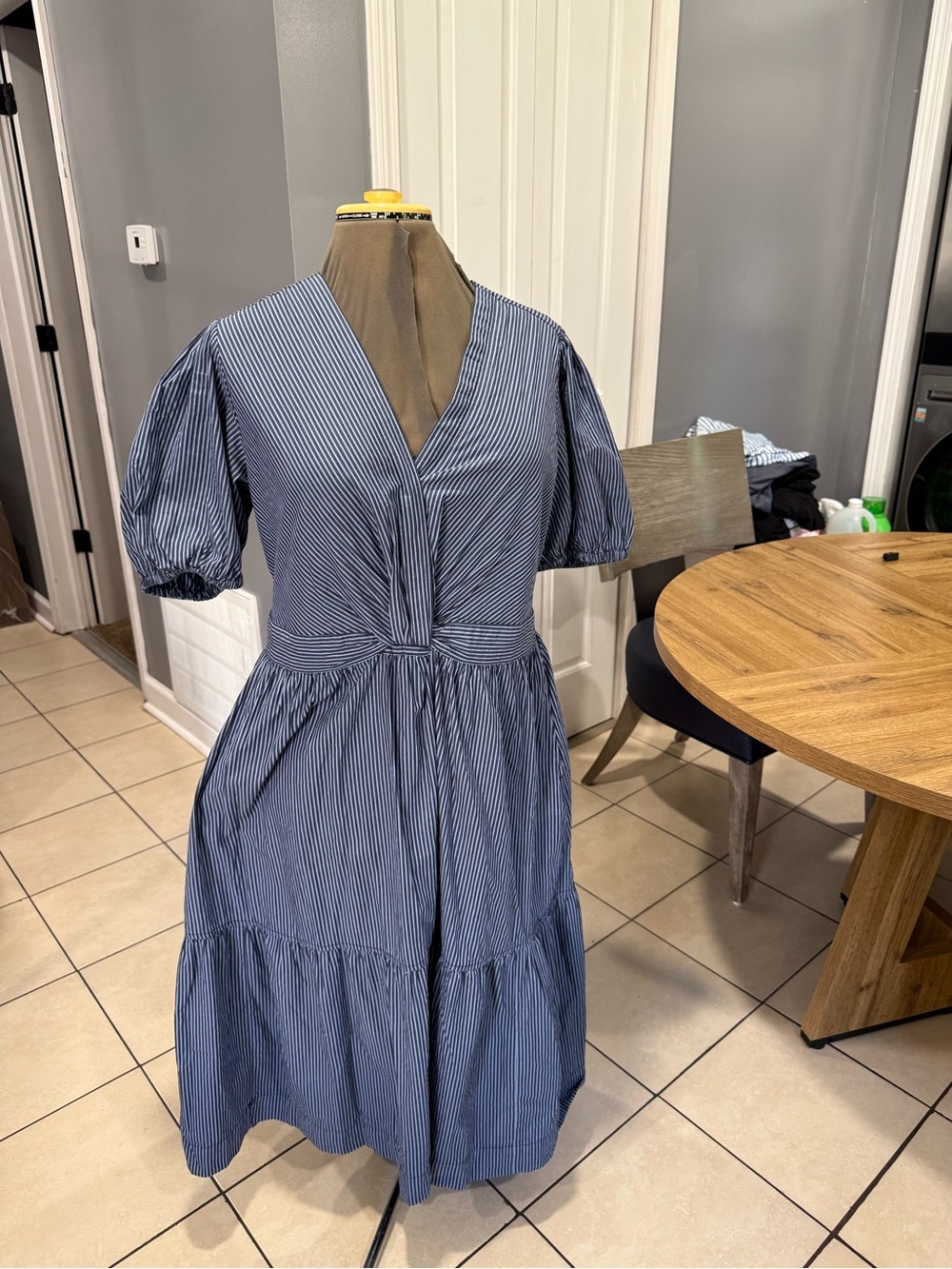 Striped Blue Midi Dress with V-Neck and Puff Sleeves